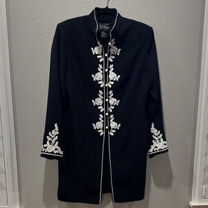🖤 S.L. Fashions Long Black Blazer with White Embroidery – SZ 12 🤍